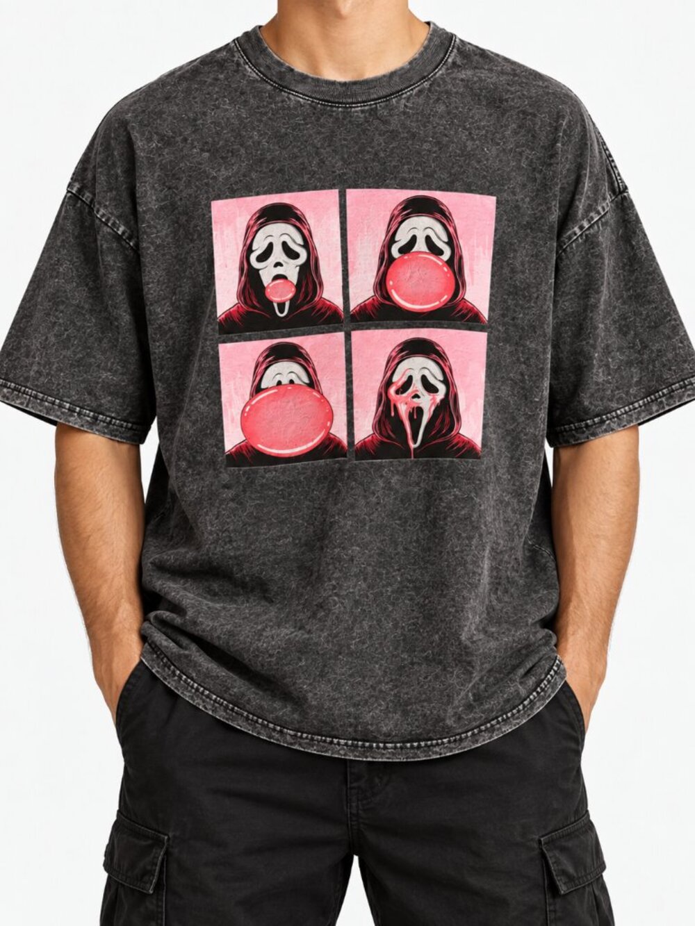 Ghostface Scream Bubblegum Graphic Tee Women’s XL Charcoal Acid Wash Horror T-Sh